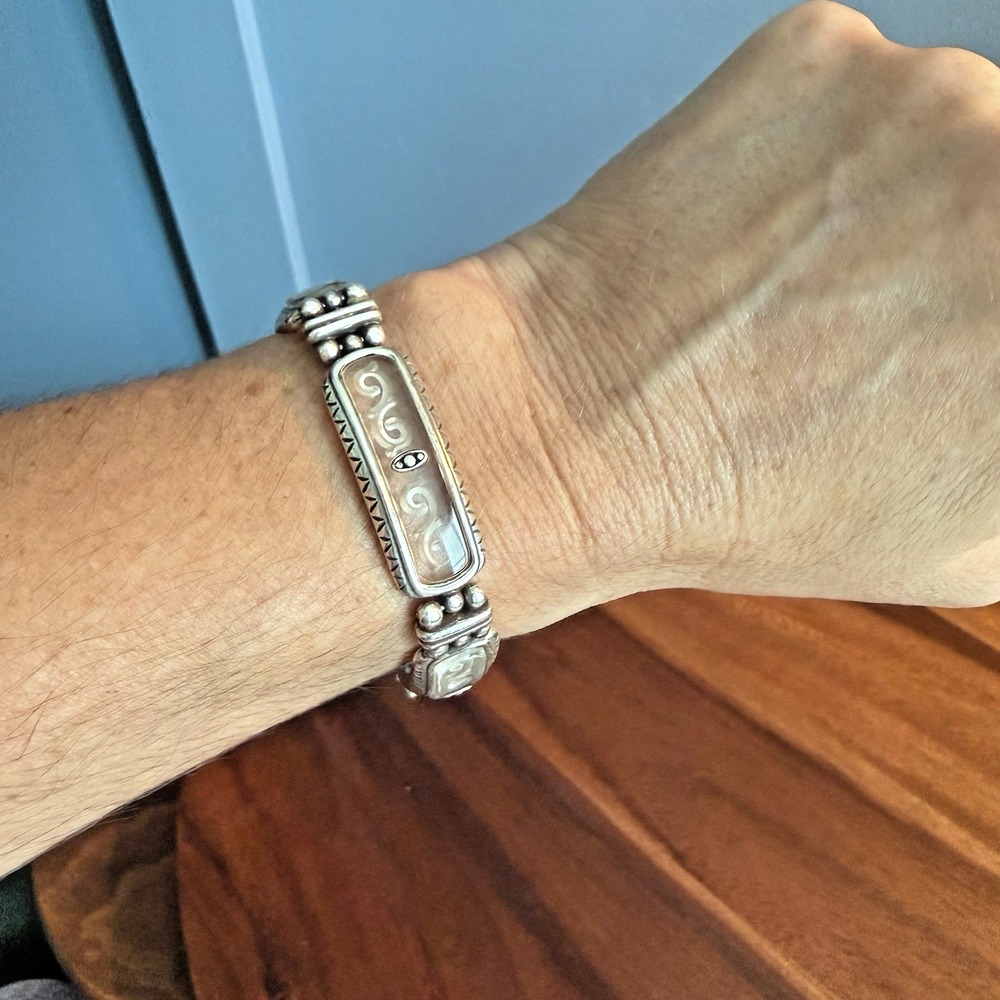 Brighton Silver Tone Link Bracelet Scroll Panel 9" Signed Vintage w/ Gift box